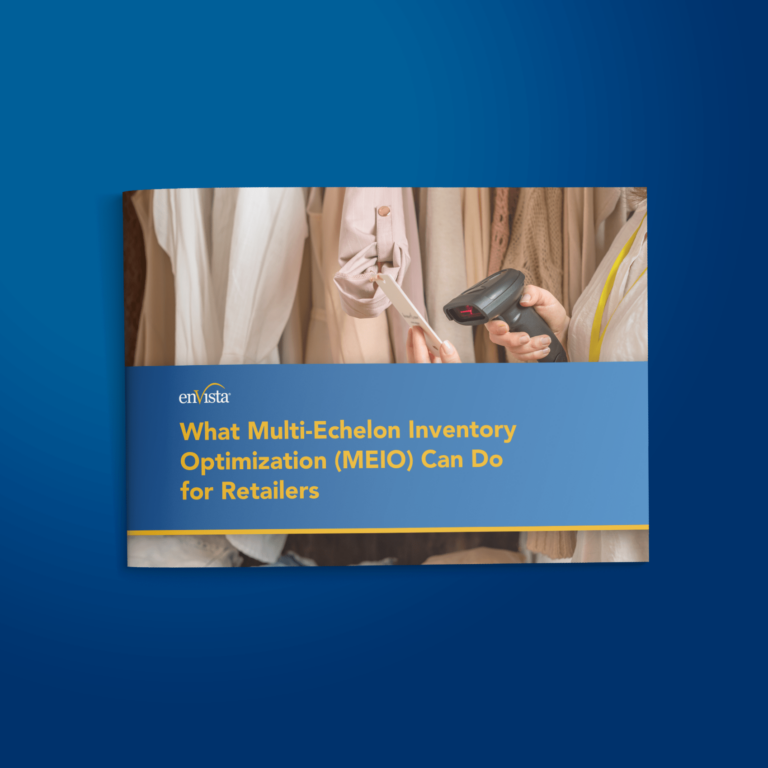A person scans a clothing tag with a barcode scanner in a store. The image features a booklet titled What Multi-Echelon Inventory Optimization (MEIO) Can Do for Retailers on a blue background.