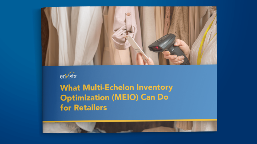 A person scans a clothing tag with a barcode scanner in a store. The image features a booklet titled What Multi-Echelon Inventory Optimization (MEIO) Can Do for Retailers on a blue background.