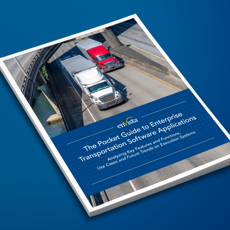A book titled The Pocket Guide to Enterprise Transportation Software Applications featuring a cover image of trucks driving on a highway is shown on a blue background.