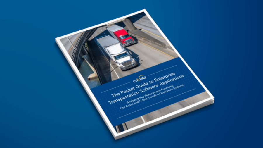 A book titled The Pocket Guide to Enterprise Transportation Software Applications featuring a cover image of trucks driving on a highway is shown on a blue background.