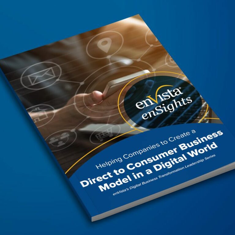 A magazine titled enVista enSights with a cover showing a hand touching a tablet, digital icons, and the headline Helping Companies to Create a Direct to Consumer Business Model in a Digital World on a blue background.
