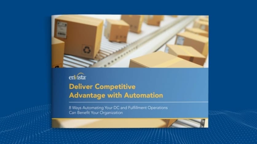 A book cover featuring boxes moving on a conveyor belt. The title reads: “Deliver Competitive Advantage with Automation. 8 Ways Automating Your DC and Fulfillment Operations Can Benefit Your Organization” by enVista.