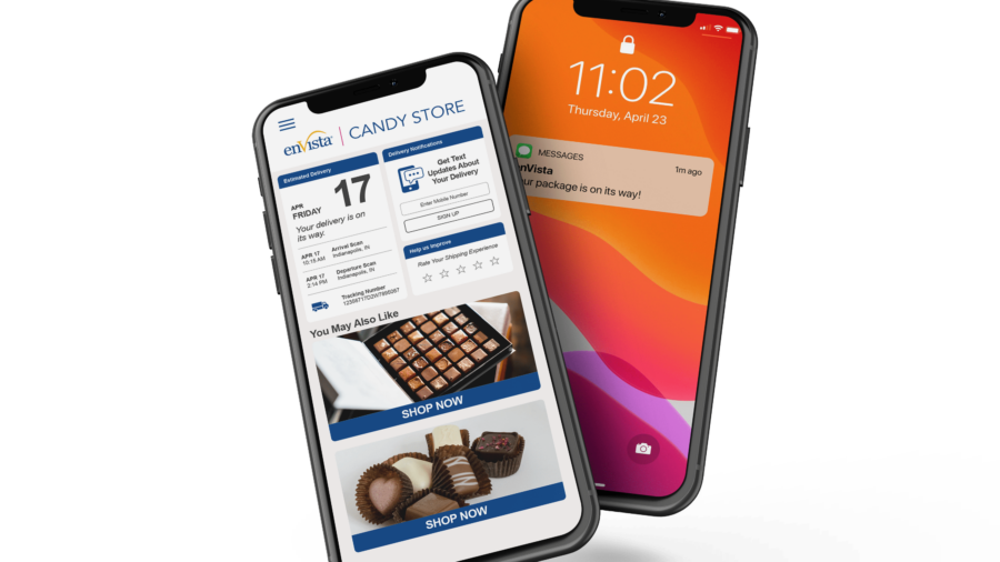 Two smartphones are displayed. One shows a candy store website with chocolates and shopping options, while the other displays a lock screen with a delivery notification message.