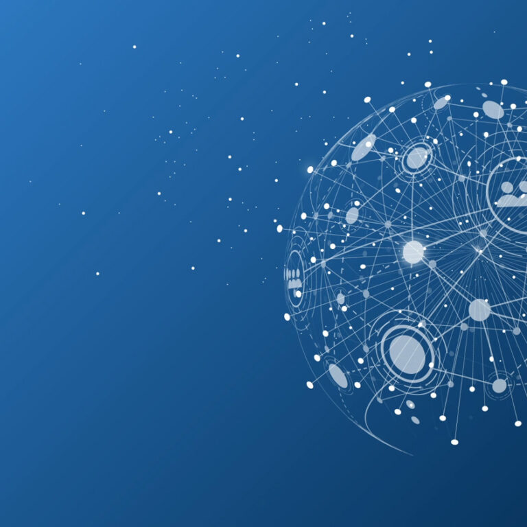 A digital globe made of interconnected lines, nodes, and icons, representing global communication and technology powered by Microsoft Business Solutions, on a blue gradient background.