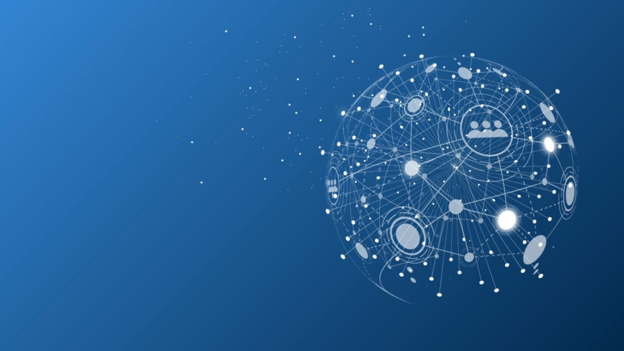 A digital globe made of interconnected lines, nodes, and icons, representing global communication and technology powered by Microsoft Business Solutions, on a blue gradient background.