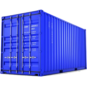 A large blue shipping container with closed double doors, metal locks, and white identification markings—ideal for use in transportation management systems—is isolated on a plain white background.
