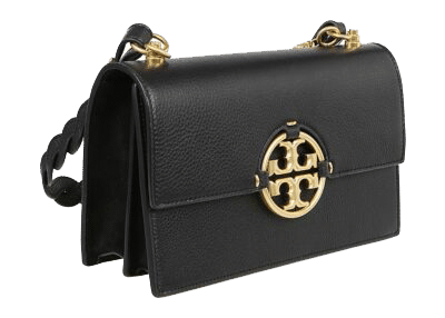 A black leather shoulder bag with a structured shape, featuring a gold double-T logo clasp on the front flap and a matching gold chain strap, designed for style as sleek and efficient as warehouse optimization.