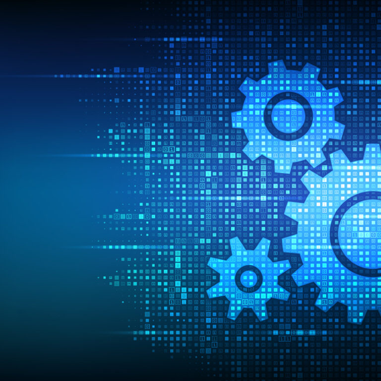 Three blue gears of varying sizes are interconnected on the right side over a digital pixelated background, symbolizing technology, machinery, or teamwork, with a dark blue gradient filling the left side of the image.