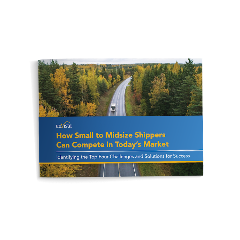 A booklet with a cover showing a truck driving on a road through a forest with green and yellow trees. The title reads, How Small to Midsize Shippers Can Compete in Todays Market.