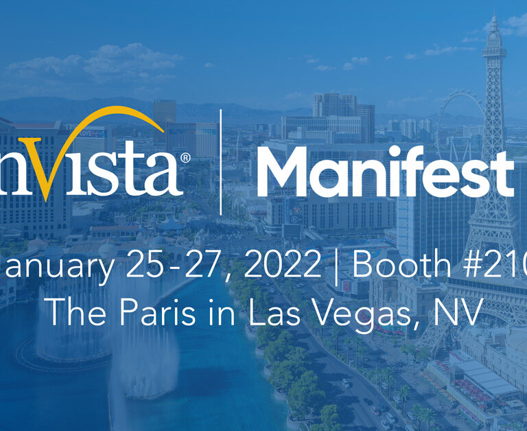 Promotional graphic for enVista and Manifest event, January 25-27, 2022, Booth #210, at The Paris in Las Vegas, NV. Background shows the Las Vegas cityscape and the replica Eiffel Tower.