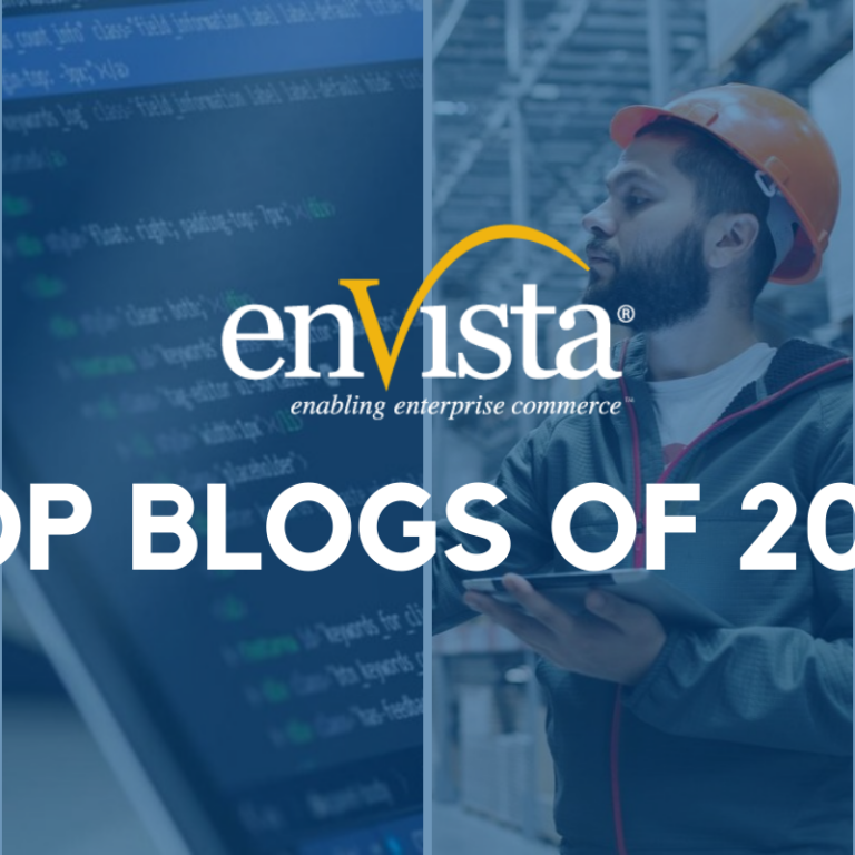 A collage with warehouse, computer screen, worker in hard hat, and retail store images, overlaid with the enVista logo and the text Top Blogs of 2021.