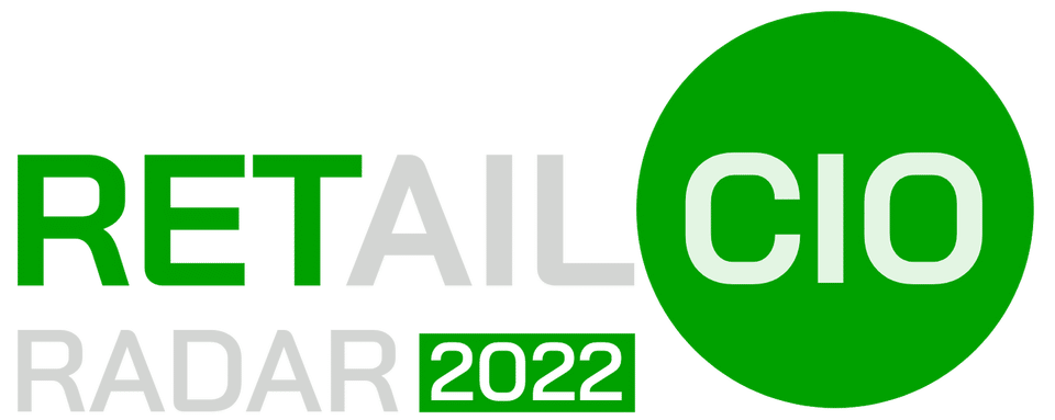 Logo with the words RETAIL CIO RADAR 2022. RETAIL and CIO are in bold green letters, highlighting innovations like order management systems, RADAR is in light gray, and 2022 is in white on a green rectangle. CIO sits within a large green circle.