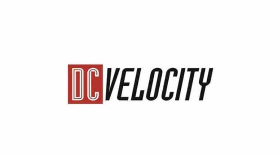 The image displays the DC Velocity logo, with DC in white letters inside a red square and VELOCITY in bold, black, italicized capital letters on a white background.