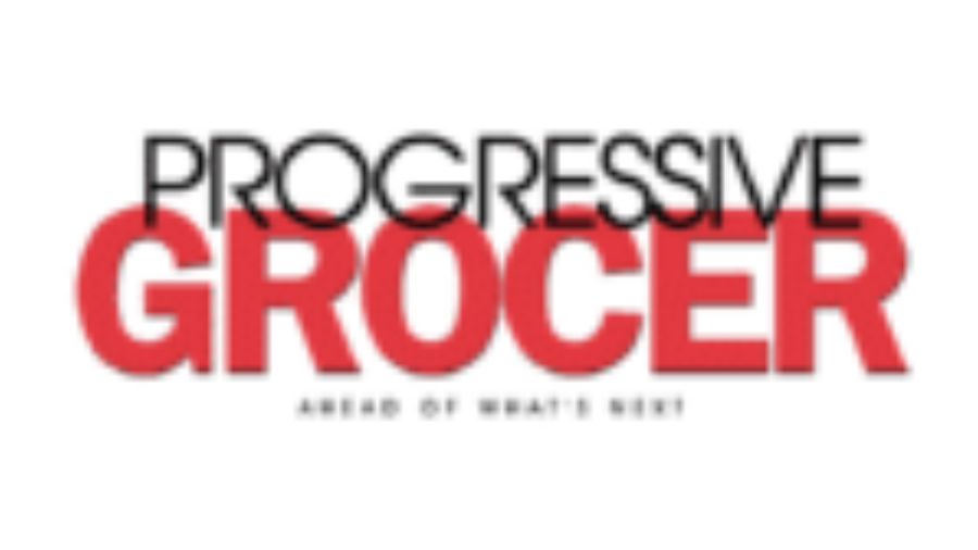 Logo for Progressive Grocer with PROGRESSIVE in black uppercase letters above GROCER in bold red uppercase letters. Below, in smaller text, it says AHEAD OF WHATS NEXT. on a white background.