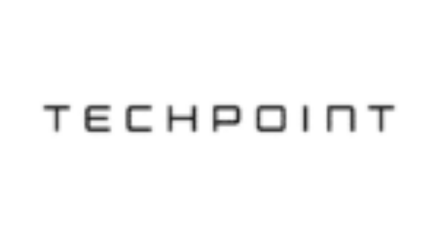 The image shows the word TECHPOINT in a modern, geometric font with widely spaced, black uppercase letters on a white background.