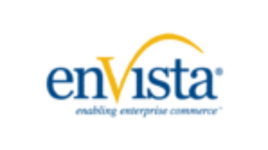 Logo for enVista with a yellow curved line forming the V in the name. Below, the tagline reads enabling enterprise commerce™ in blue text on a white background.