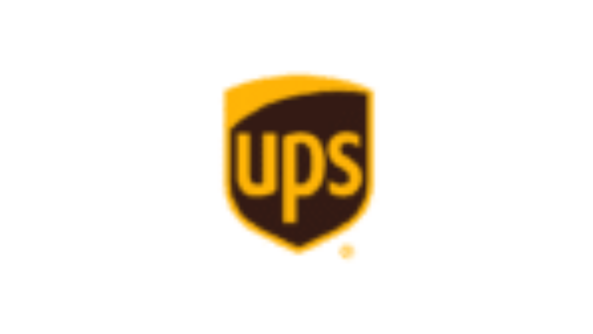 UPS logo featuring the lowercase letters ups in yellow on a brown shield with a yellow outline, centered on a white background.