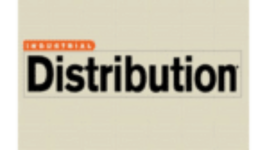 Logo with the word Distribution in large black letters and Industrial in smaller white letters on an orange background, positioned above the D in Distribution, all on a beige background.
