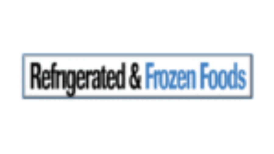 Logo with the words Refrigerated & Frozen Foods; Refrigerated & is in black text and Frozen Foods is in blue text, all inside a thin rectangular border.