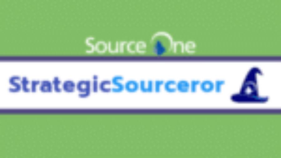 A green background with Source One at the top and Strategic Sourceror in bold letters below, featuring a blue wizard hat graphic at the end of the text.