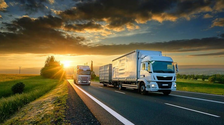 Two large white trucks drive on a highway through green fields at sunset, with dramatic clouds and sunlight shining in the sky.