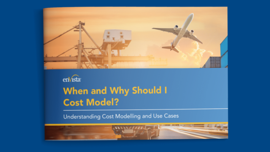A booklet titled When and Why Should I Cost Model? Understanding Cost Modelling and Use Cases with images of a cargo plane, shipping containers, and cranes on the cover.