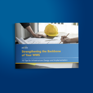 A booklet titled Strengthening the Backbone of Your WMS: 10 Tips for Infrastructure Design and Implementation shows two people working on blueprints next to a yellow hard hat.