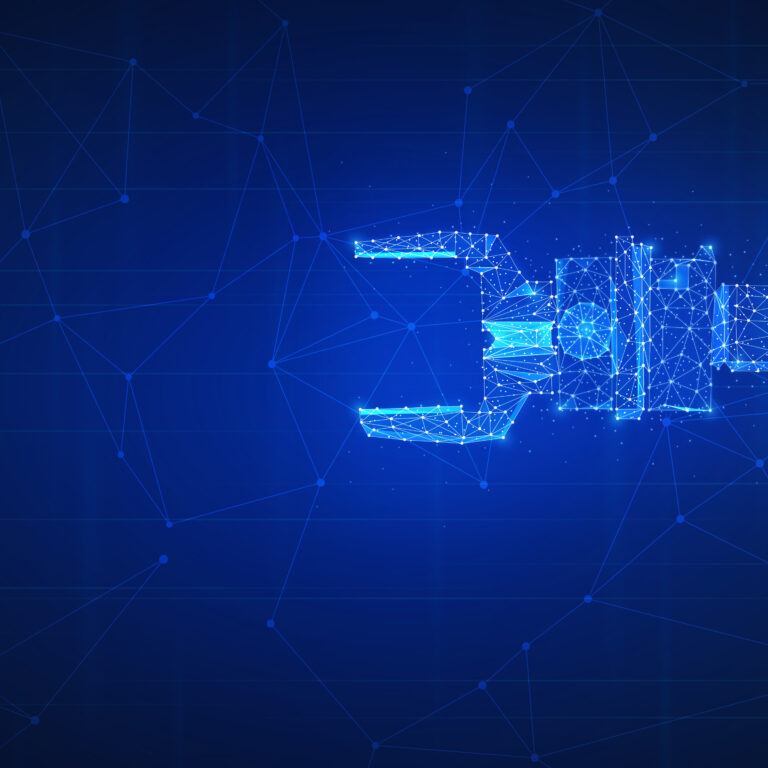 A digital illustration of a robotic arm made of glowing blue polygons and lines, set against a dark blue background with abstract network connections.