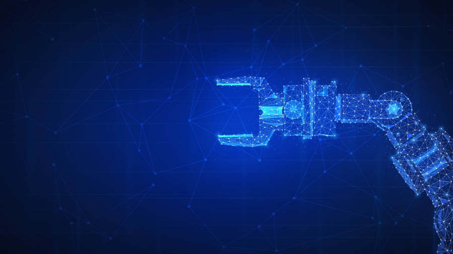 A digital illustration of a robotic arm made of glowing blue polygons and lines, set against a dark blue background with abstract network connections.
