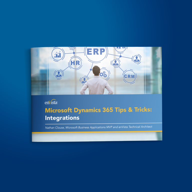 A booklet titled Microsoft Dynamics 365 Tips & Tricks: Integrations by Nathan Clouse is displayed on a blue background, with business icons like ERP, HR, and CRM above a person looking at a window.