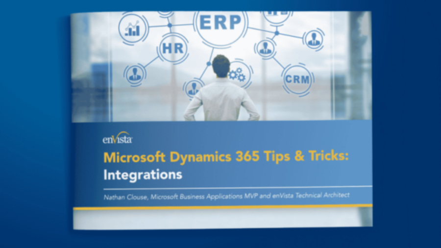 A booklet titled Microsoft Dynamics 365 Tips & Tricks: Integrations by Nathan Clouse is displayed on a blue background, with business icons like ERP, HR, and CRM above a person looking at a window.