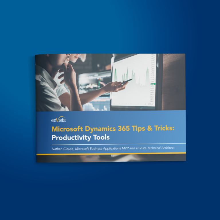 A booklet titled Microsoft Dynamics 365 Tips & Tricks: Productivity Tools features two people analyzing charts on a computer screen. The cover includes the enVista logo and author details on a blue and gold band.