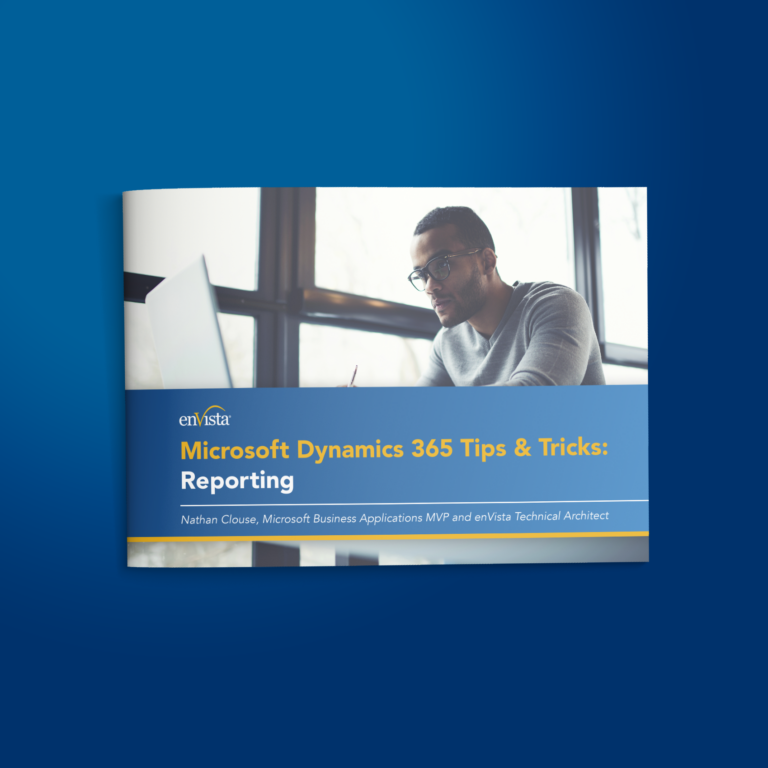 A booklet cover titled Microsoft Dynamics 365 Tips & Tricks: Reporting by enVista. It features a focused man typing on a laptop by a large window, with a blue and yellow design theme.