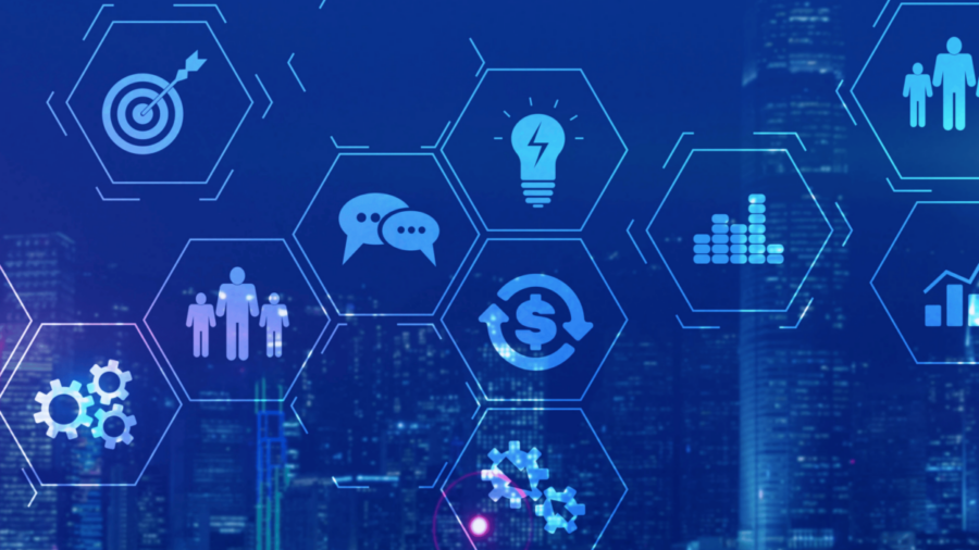 Hexagonal icons representing business concepts like target, speech bubbles, lightbulb, family, growth chart, gears, and money overlay a blurred cityscape at night.
