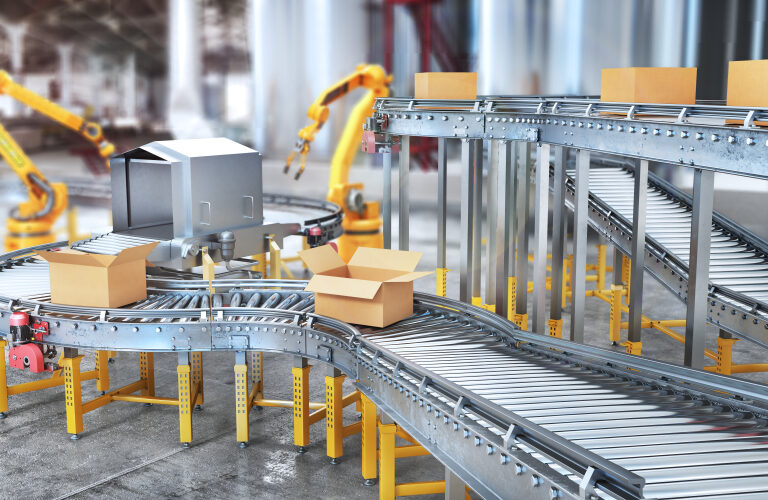Boxes move along a metal conveyor belt system in a warehouse, with robotic arms placing and sorting packages in the background. The environment appears industrial and automated.