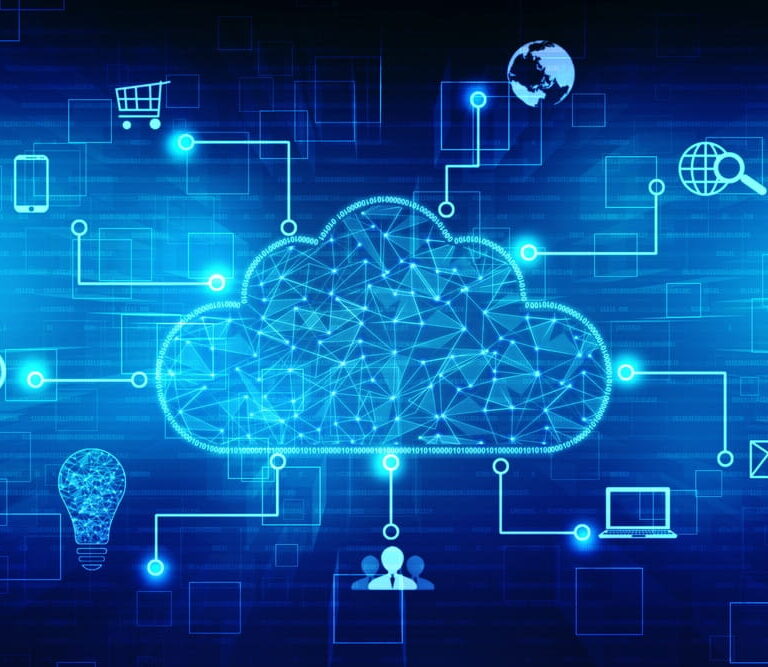 A glowing cloud icon in the center is connected to various technology symbols, including a laptop, smartphone, shopping cart, padlock, lightbulb, and email, representing cloud computing and digital connectivity on a blue background.