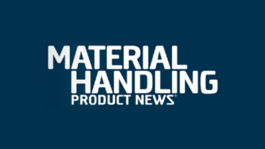 White text on a dark blue background reads Material Handling Product News in bold, uppercase letters.