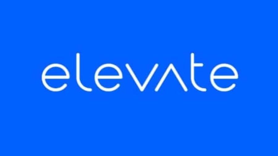 The word elevate is written in lowercase white, rounded letters on a blue background. The v is stylized with straight lines, resembling an upward arrow.