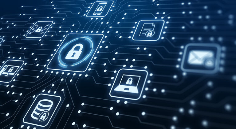 A digital illustration of a network circuit board with glowing padlock icons and symbols, representing cybersecurity and data protection, connected by lines on a dark background.