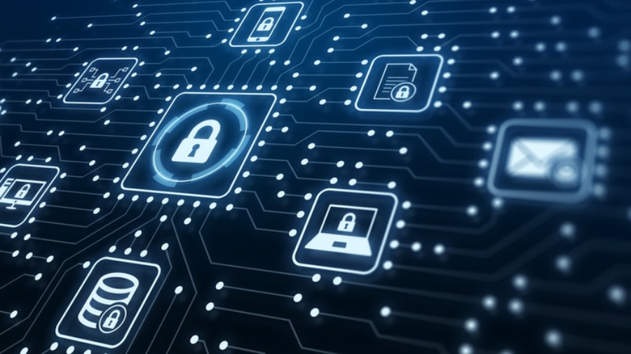 A digital illustration of a network circuit board with glowing padlock icons and symbols, representing cybersecurity and data protection, connected by lines on a dark background.