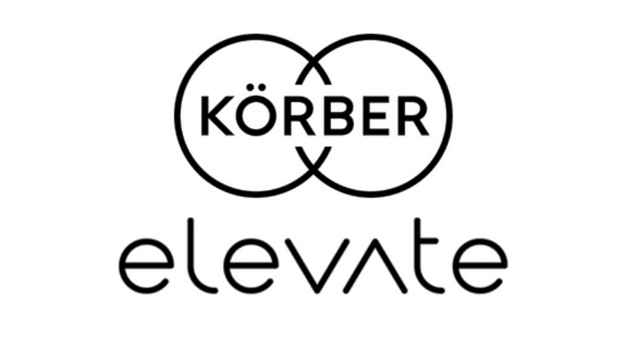 Black and white logo with two overlapping circles containing the word KÖRBER above the word elevate in lowercase letters, with the v stylized as an upside-down triangle.