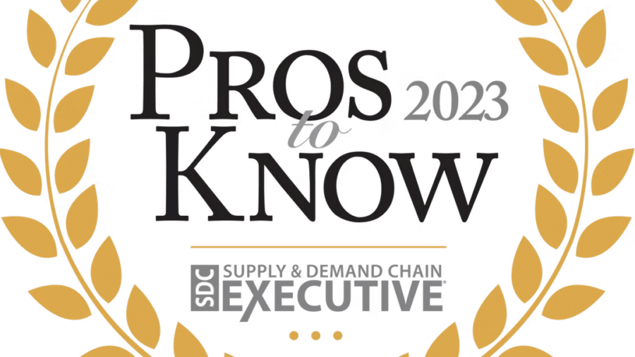 A gold laurel wreath surrounds the text Pros to Know 2023 above the Supply & Demand Chain Executive logo on a white background.
