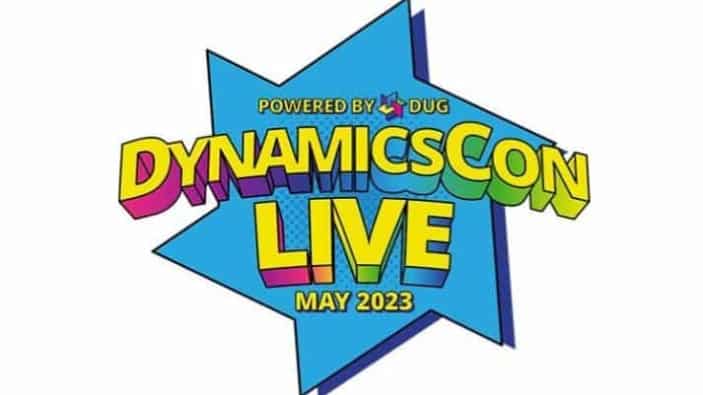 Logo for DynamicsCon Live, powered by DUG, with colorful, bold text and a blue starburst background. The event date, May 2023, is written at the bottom.