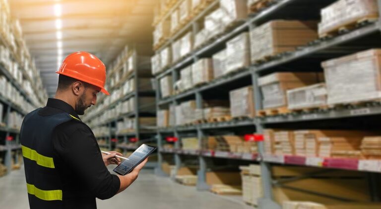 A warehouse worker wearing an orange hard hat and safety vest stands in an aisle, using a tablet, with shelves full of stacked boxes and materials in the background.