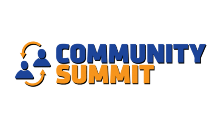 Logo with two blue people icons connected by orange arrows on the left, and the words Community Summit in bold blue and orange letters on the right, on a white background.