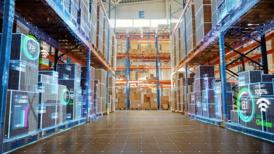 A modern warehouse with tall shelves full of boxes and digital data graphics overlaying the scene, displaying statistics and analytics representing inventory, supply chain management, and advanced warehouse automation.