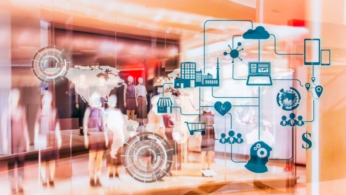 Abstract image of a shopping mall with people blurred in the background, overlaid with digital icons representing technology, business, cloud computing, networking, global connections, and the impact of cyber-attacks on modern transportation.