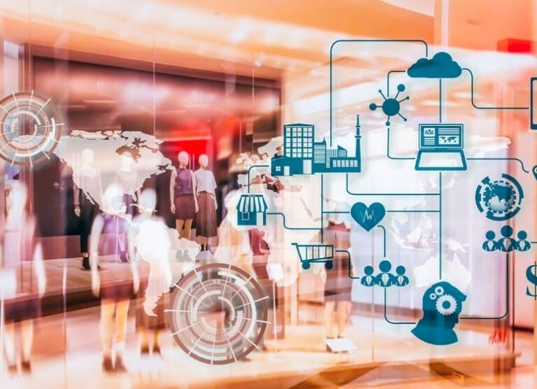 Abstract image of a shopping mall with people blurred in the background, overlaid with digital icons representing technology, business, cloud computing, networking, global connections, and the impact of cyber-attacks on modern transportation.