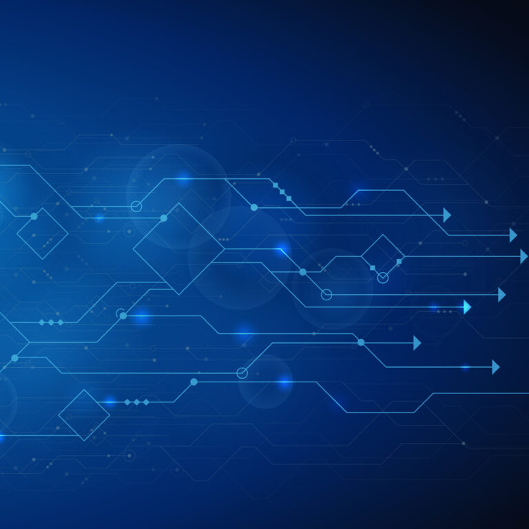 Abstract blue background with glowing geometric shapes and arrows pointing right, evoking a digital circuit or network flow—symbolizing technology, connectivity, data transfer, and the streamlined efficiency of a Microsoft D365 Business Central Upgrade.