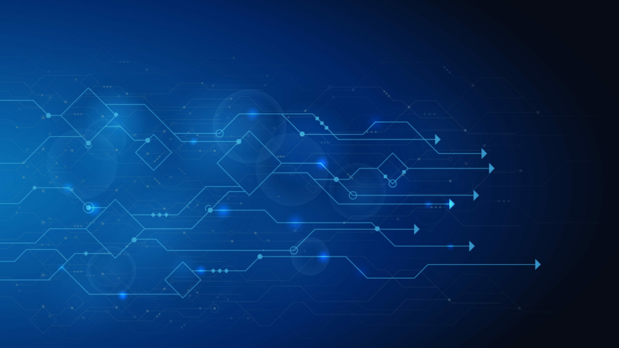 Abstract blue background with glowing geometric shapes and arrows pointing right, evoking a digital circuit or network flow—symbolizing technology, connectivity, data transfer, and the streamlined efficiency of a Microsoft D365 Business Central Upgrade.